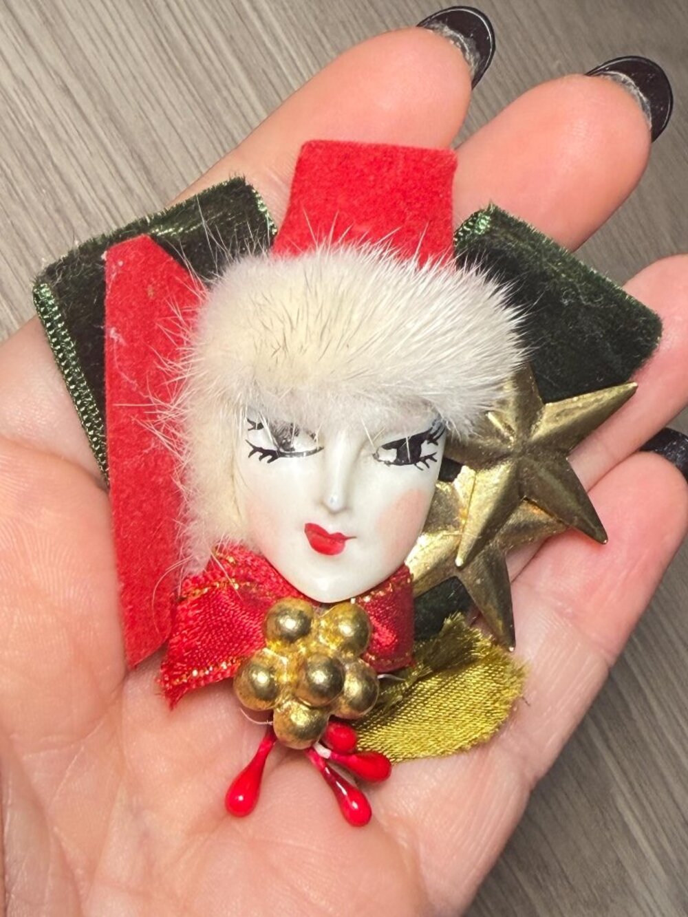 Porcelain Lady Face Brooch Handmade Mixed Media Vintage 2.75 inches